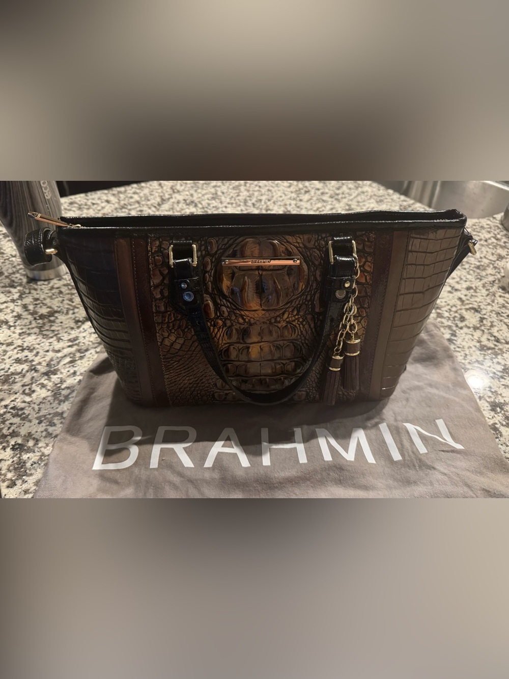 Brahmin Brown and Black Croc-Embossed Tote with Tassel Charm